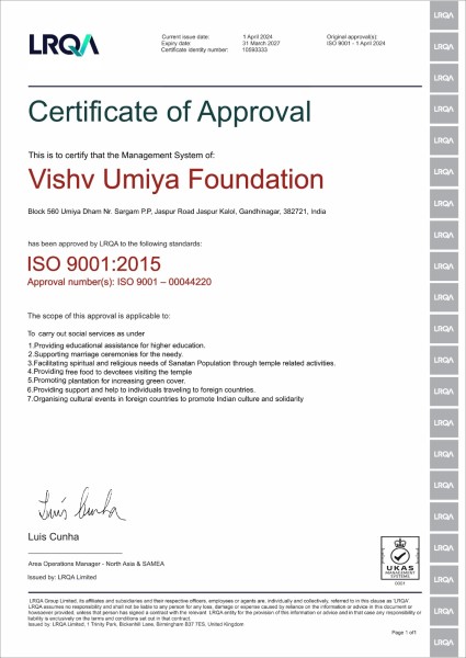 Vishv Umiya Foundation - Vishv Umiyadham - Ahmedabad - ISO 9001:2015 Certified